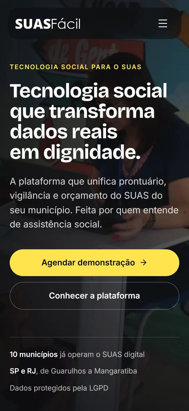 SUAS Fácil no celular, tela 1 de 7, site feito pela Venera Digital para SUAS Fácil
