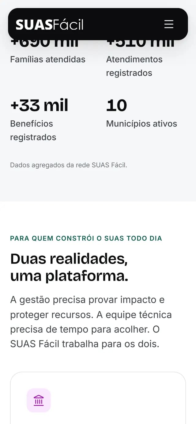 SUAS Fácil no celular, tela 2 de 7, site feito pela Venera Digital para SUAS Fácil