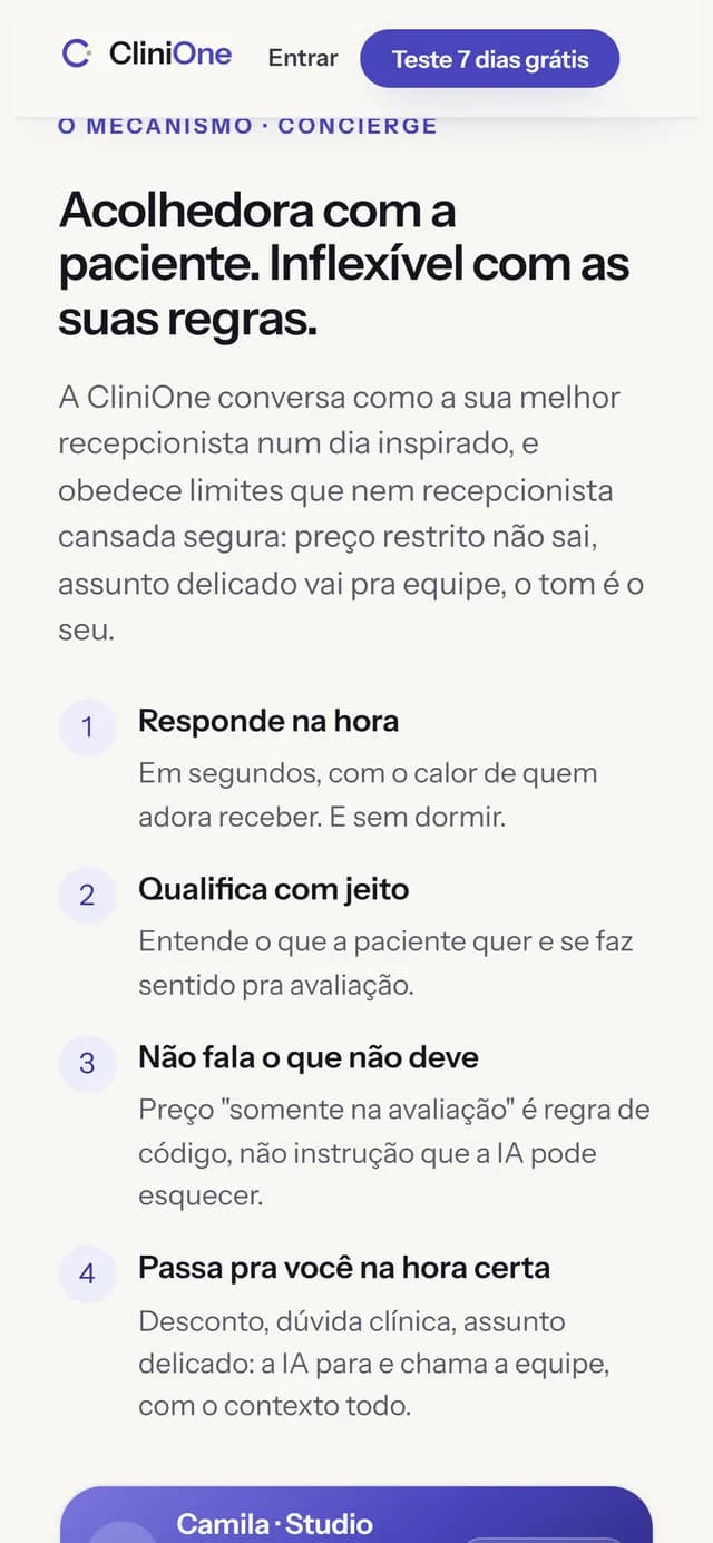 CliniOne no celular, tela 3 de 7, site feito pela Venera Digital para CliniOne