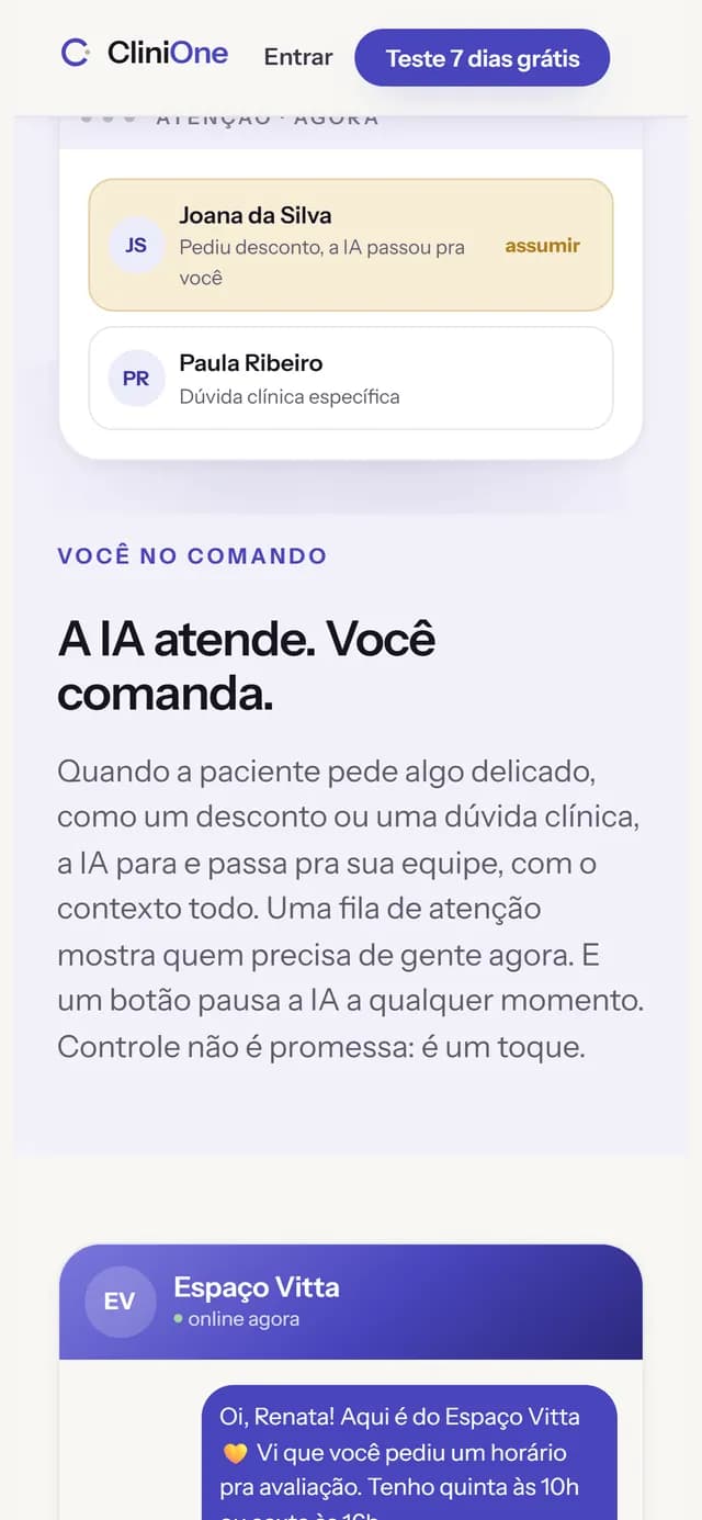 CliniOne no celular, tela 4 de 7, site feito pela Venera Digital para CliniOne