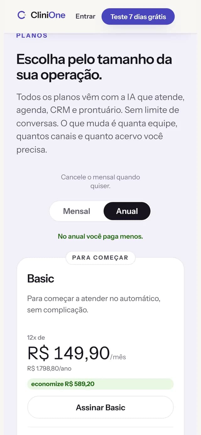 CliniOne no celular, tela 6 de 7, site feito pela Venera Digital para CliniOne