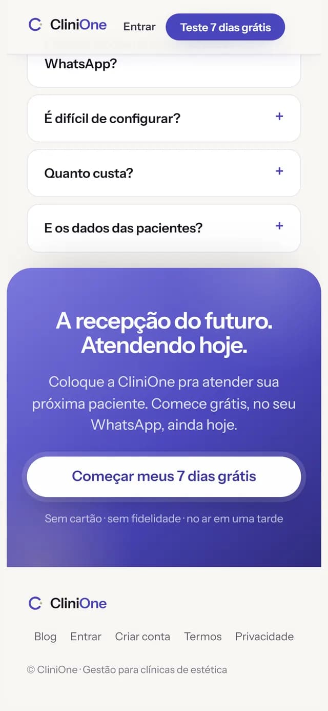 CliniOne no celular, tela 7 de 7, site feito pela Venera Digital para CliniOne