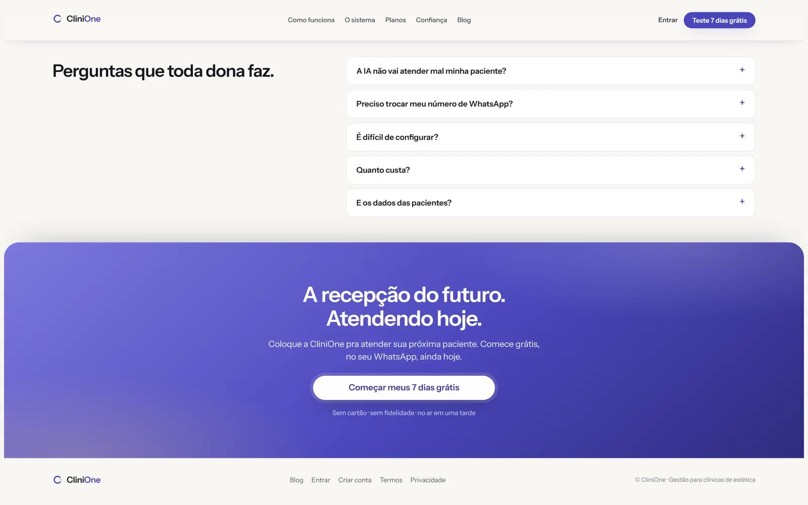 O site da CliniOne, tela 8 de 8, site feito pela Venera Digital para CliniOne