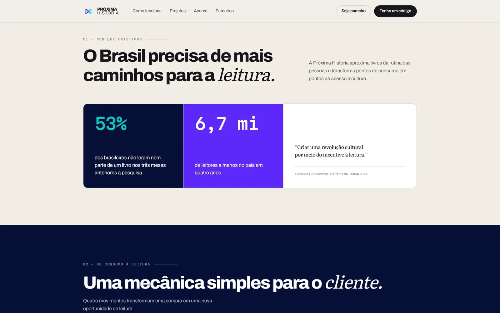 O site da Próxima História, tela 2 de 8, site feito pela Venera Digital para Próxima História