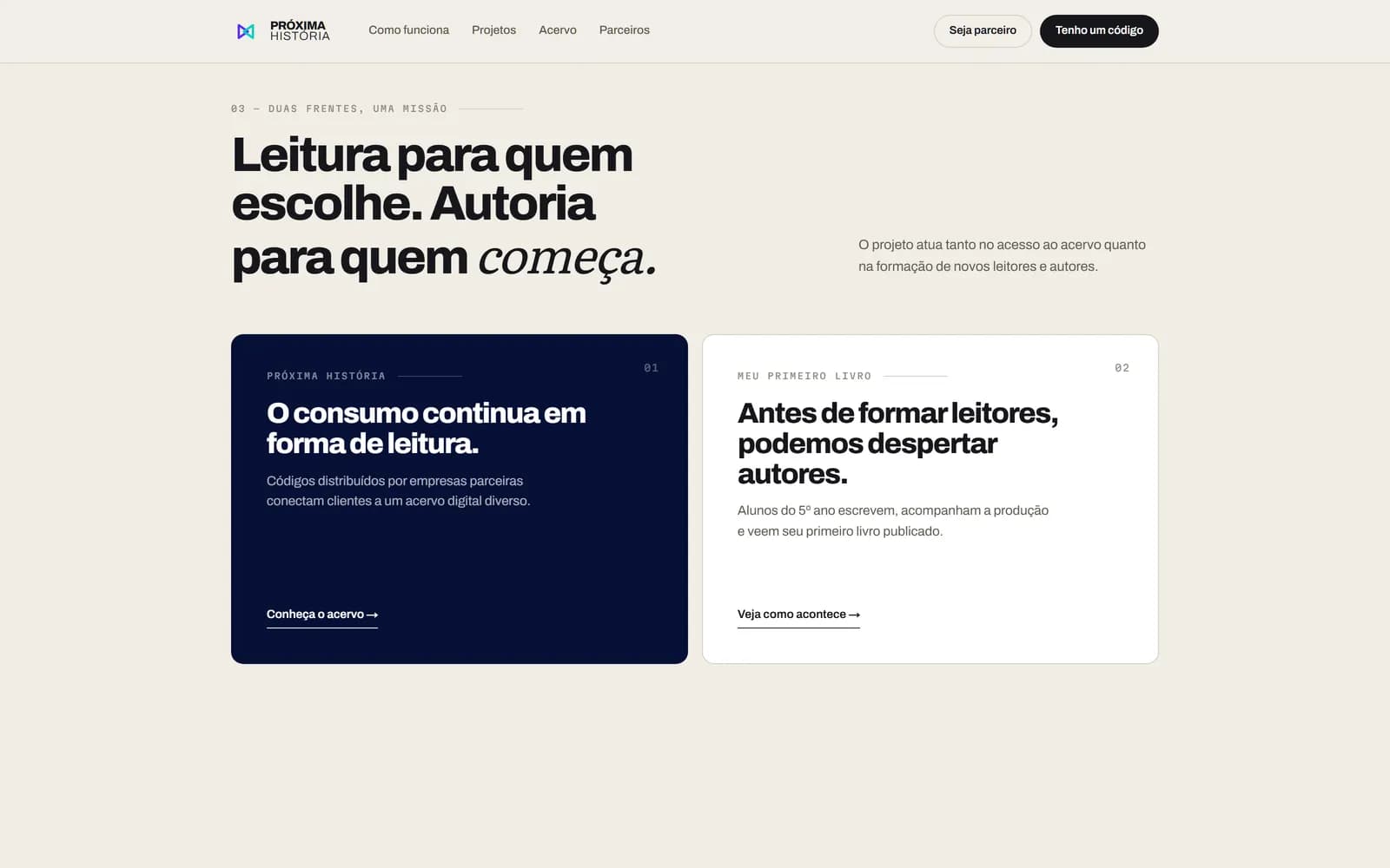 O site da Próxima História, tela 4 de 8, site feito pela Venera Digital para Próxima História