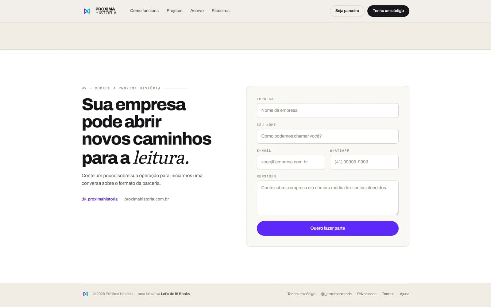 O site da Próxima História, tela 8 de 8, site feito pela Venera Digital para Próxima História