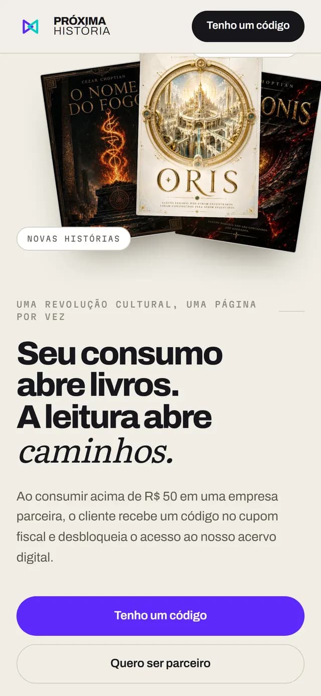 Próxima História no celular, tela 1 de 7, site feito pela Venera Digital para Próxima História