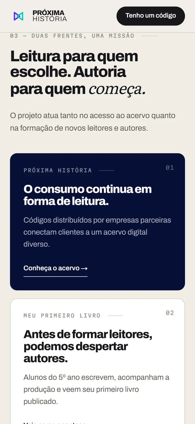 Próxima História no celular, tela 3 de 7, site feito pela Venera Digital para Próxima História
