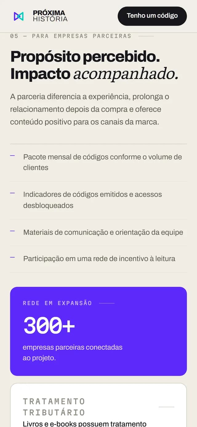 Próxima História no celular, tela 4 de 7, site feito pela Venera Digital para Próxima História