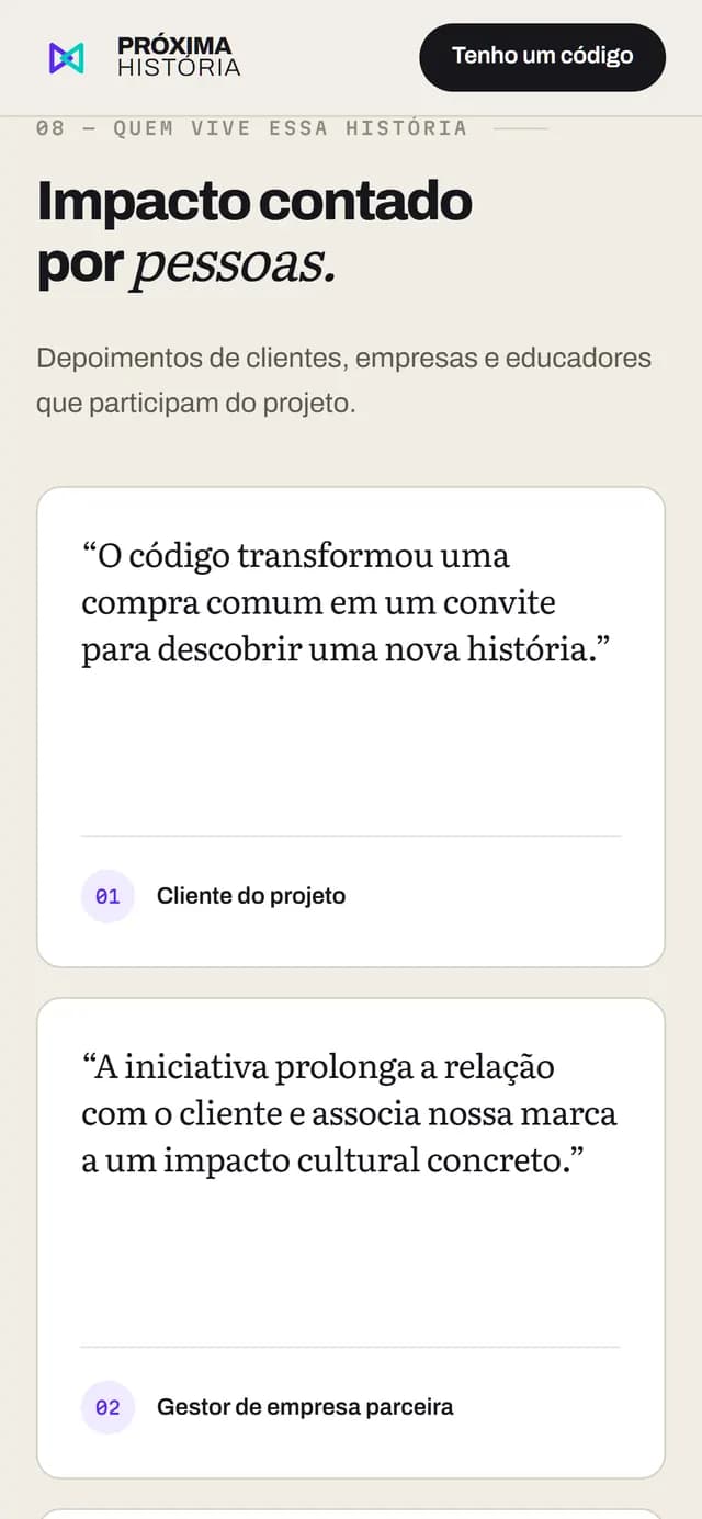 Próxima História no celular, tela 6 de 7, site feito pela Venera Digital para Próxima História