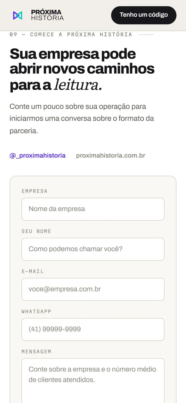 Próxima História no celular, tela 7 de 7, site feito pela Venera Digital para Próxima História