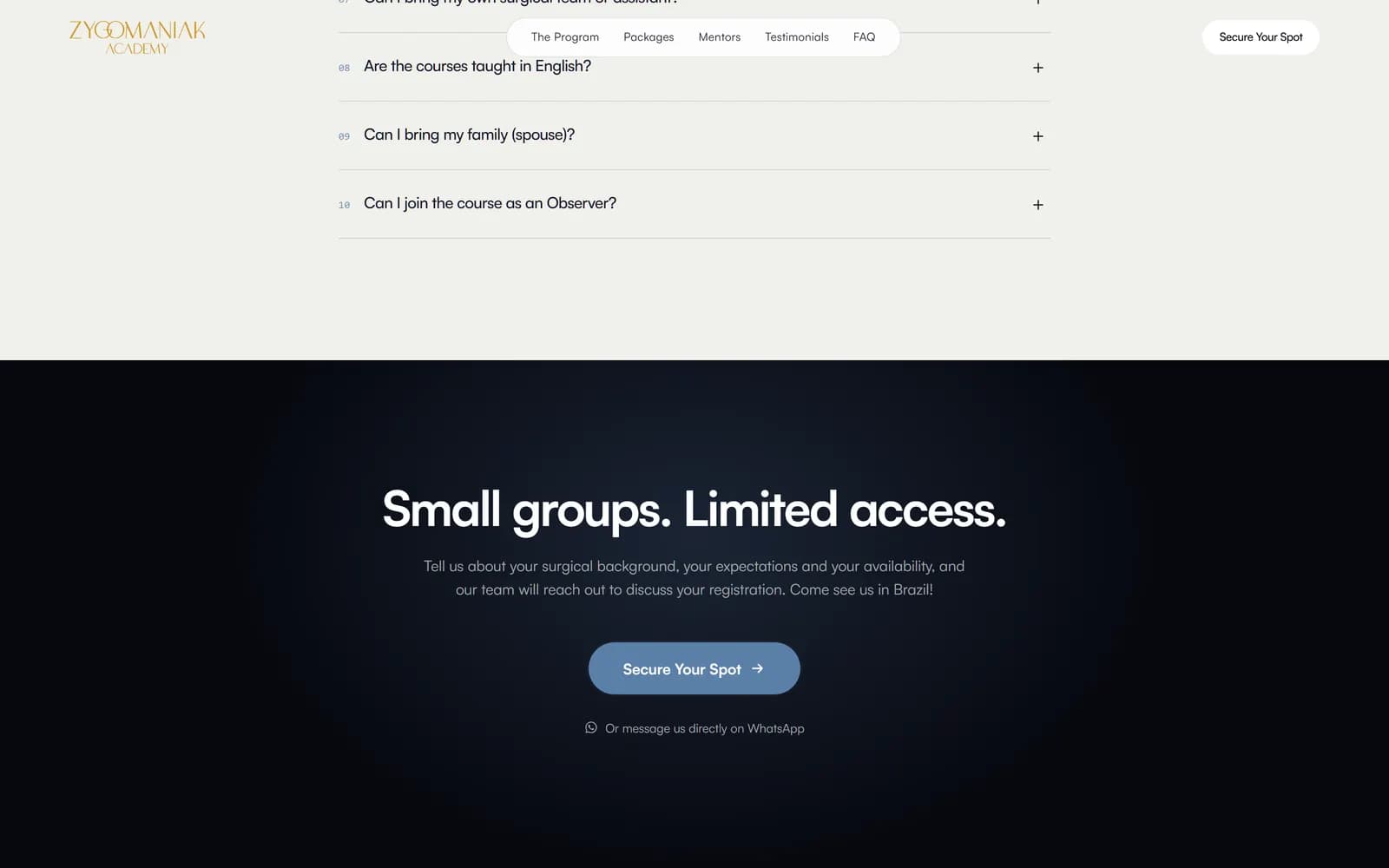 Landing page do Zygomatic, tela 9 de 9, site feito pela Venera Digital para Zygomaniak Academy